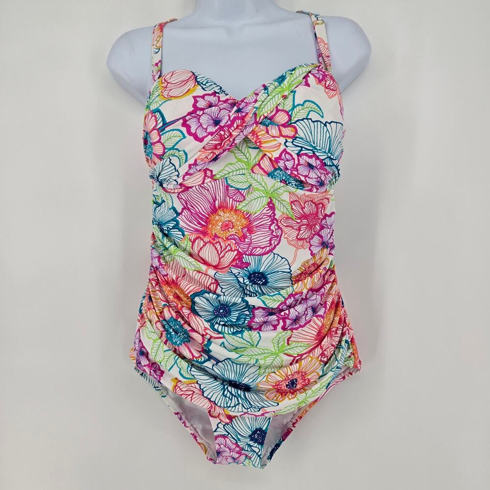 Bleu Rod Beattie One‑Piece Swimsuit Floral Twist Front Ruched Size 12